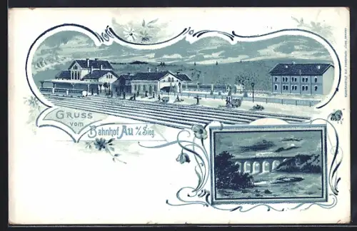 Lithographie Au / Sieg, Blick auf den Bahnhof, Viadukt im Mondschein