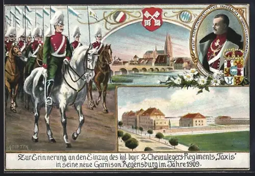 Künstler-AK Regensburg, Einzug des Kgl. Bayr. 2. Chevauleger-Regiments Taxis in seine Garnison
