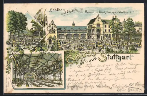 Lithographie Stuttgart, Brauerei Dinkelacker, Innenansicht Saalbau, Garten