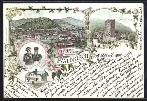 Lithographie Waldkirch / Breisgau, Gasthof Kandel-Rasthaus, Kastelburg, Paar in Trachten