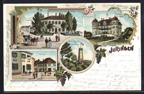 Lithographie Ihringen, Bahnhof-Hotel Lang, Strassenpartie, Schloss Bismarck