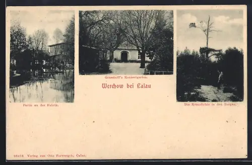 AK Werchow bei Calau, Grasshoff`s Konzertgarten, Kreuzfichte in den Bergen, Partie an der Fabrik