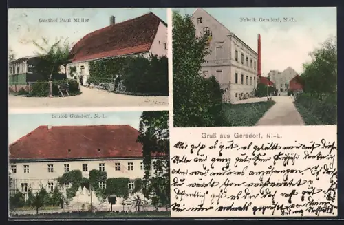 AK Gersdorf / Golssen, Gasthof Paul Müller, Schloss Gersdorf, Fabrik