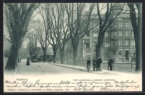 AK Hamburg-Hamm, Louisenweg Ecke Hammer Landstrasse mit Strassenbahn und Anwohnern