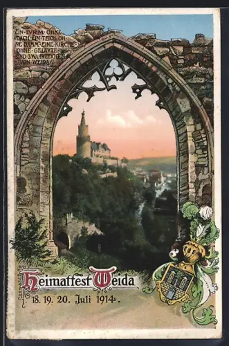 Künstler-AK Weida / Thür., Festpostkarte zum Heimatfest 1914, Durchblick zur Burg, Wappen