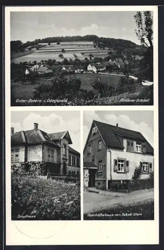AK Unter-Ostern i. Odenwald, Geschäftshaus Jakob Stein, Schulhaus, Mittlerer Ortsteil