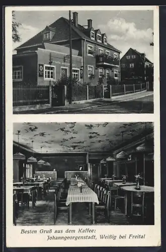 AK Johanngeorgenstadt, Gasthaus Waldkaffee von Willy Rost mit Innenansicht