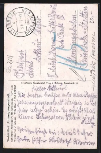 AK Johanngeorgenstadt, Gasthaus Waldkaffee von Willy Rost mit Innenansicht