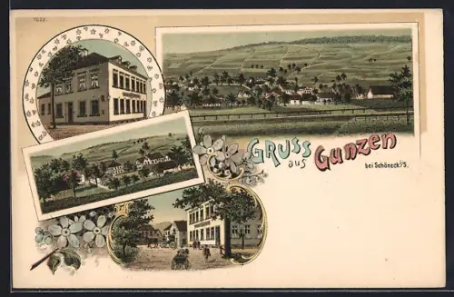 Lithographie Gunzen b. Schöneck, Gasthof, Ortsansicht aus der Vogelschau