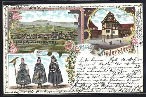 Lithographie Niederkleen, Haus aus dem 16. Jahrhundert, Nationaltracht, Ortsansicht aus der Vogelschau