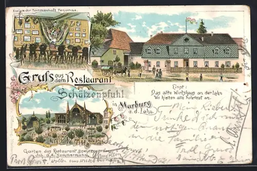 Lithographie Marburg a. d. Lahn, Restaurant Schützenpfuhl, Kneipe der Turnerschaft Philippina, Garten