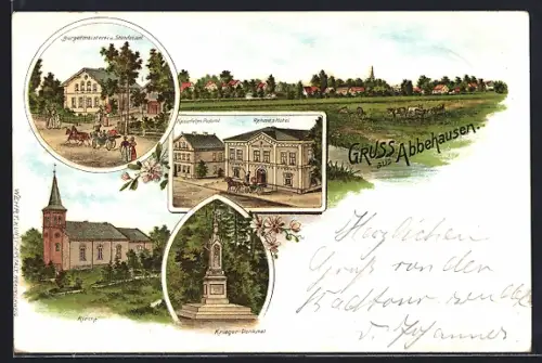Lithographie Abbehausen, Rehmes Hotel, Kaiserliches Postamt, Bürgermeisterei und Standesamt