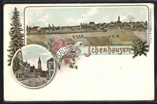 Lithographie Ichenhausen, Strassenpartie, Ortsansicht aus der Vogelschau