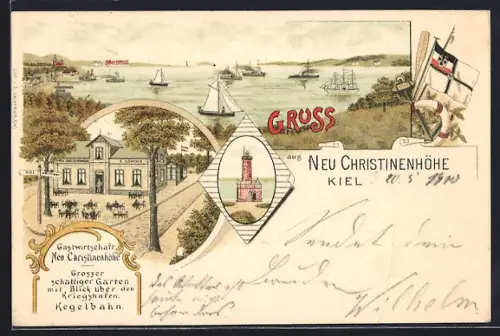 Lithographie Kiel, Gasthof Neu Christinenhöhe, Schiffe und Segelboote