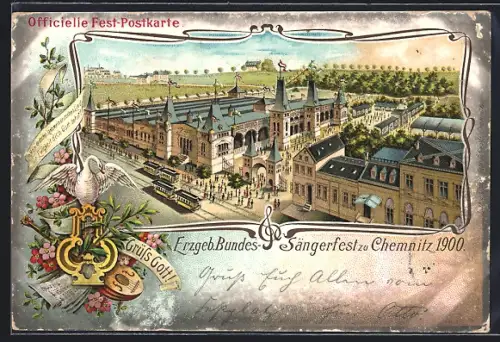 Lithographie Chemnitz, Erzgeb. Bundes-Sängerfest 1900, Festgelände aus der Vogelschau