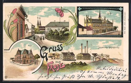 Lithographie Frose, Anhaltische Kohlenwerke, Stift, Post, Ortsansicht