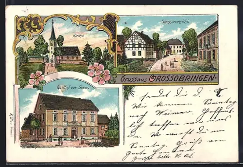 Lithographie Grossobringen, Gasthof zur Sonne, Kirche, Strassenansicht
