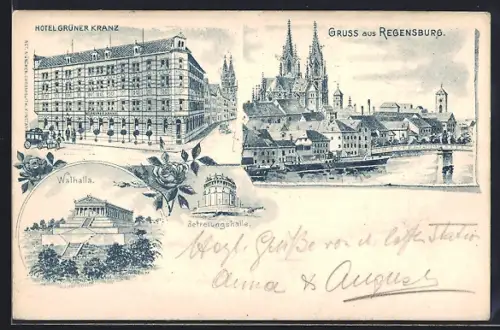 Lithographie Regensburg, Hotel Grüner Kranz, Walhalla, Befreiungshalle