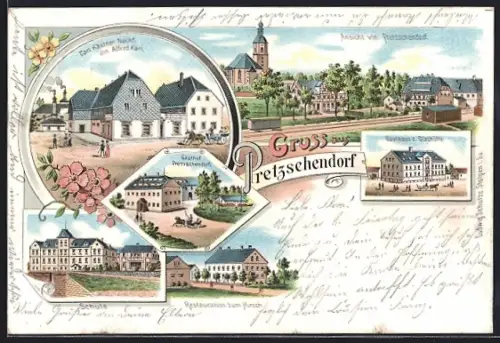 Lithographie Pretzschendorf, Gasthaus zur Glashütte, Restauration zum Hirsch, Carl Kästner Nachf.