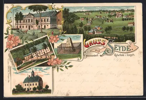 Lithographie Seyde b. Hermsdorf-Rehefeld, Erbgerichts-Gasthof, Denkmal, Schule