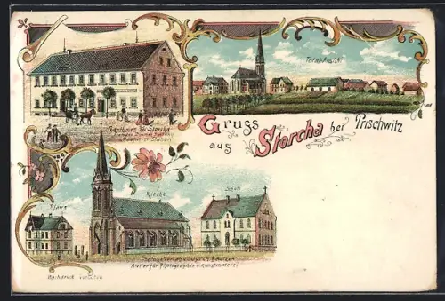 Lithographie Storcha b. Prischwitz, Gasthaus, Kirche, Schule, Pfarre