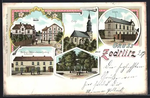 Lithographie Zedtlitz, Bäckerei u. Materialwarenhandlung R. Munkelt, Schule, Mühle, Kirche, Schloss