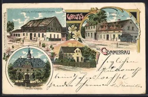 Lithographie Commerau, Gasthof mit Fleischerei Otto Schuster, Bäckerei u. Krämerei H. Donath