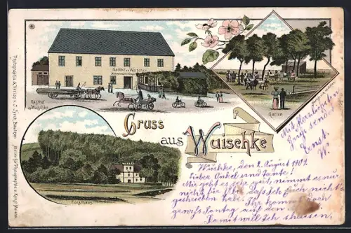 Lithographie Wuischke, Gasthof, Garten, Forsthaus