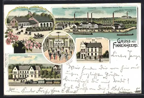 Lithographie Finkenheerd, Gasthof zur Eisenbahn, Bahnhof, Syrupwerke und F. Manns Schneidemühle