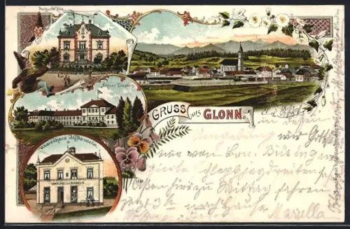 Lithographie Glonn, Warenhaus J. G. Birmelin, Schloss Zinneberg, Postgarten Villa