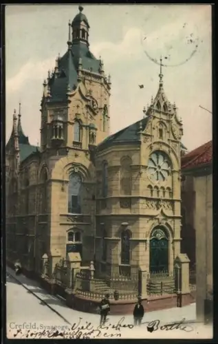 AK Crefeld, Synagoge mit Strassenpartie