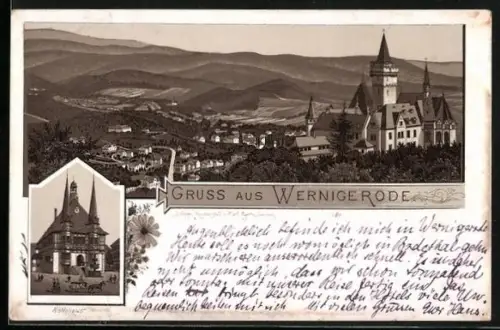 Vorläufer-Lithographie Wernigerode, 1893, Rathaus, Blick vom Schloss auf den Ort