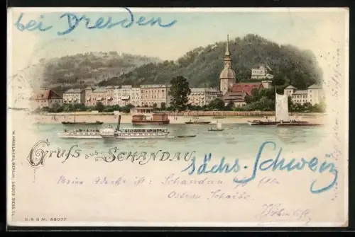 Lithographie Schandau, Uferpartie mit Kirche und Dampfer Pillnitz, Halt gegen das Licht