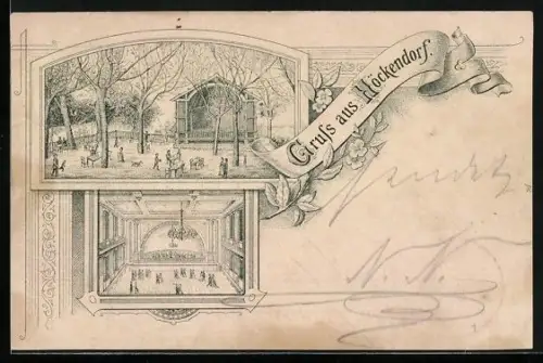 Vorläufer-Lithographie Höckendorf / Glauchau, 1895, Park mit Bühne, Tanzsaal