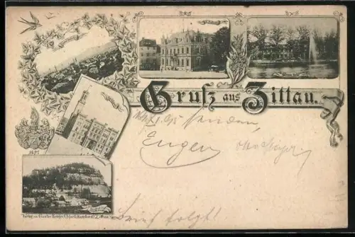 Vorläufer-Lithographie Zittau, 1894, Springbrunnen, Ortsansicht aus der Vogelschau