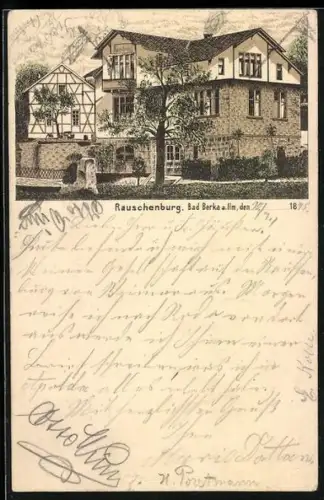 Vorläufer-Lithographie Bad Berka, 1895, Gasthof Rauschenburg