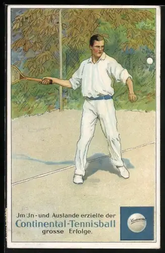 AK Reklame für Continental-Tennisball, Tennisspieler