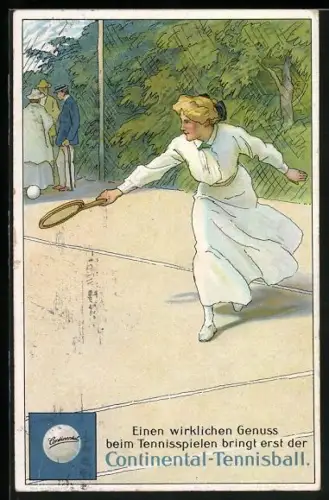 AK Frau beim Tennis-Spiel, Reklame Contintental Tennisball