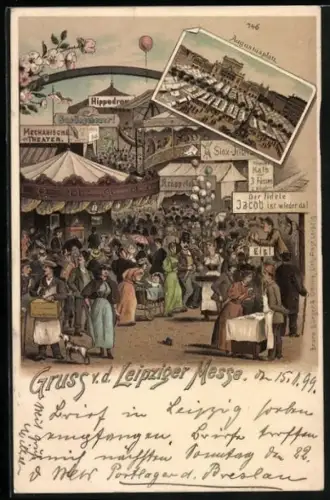 Lithographie Leipzig, Buntes Treiben auf der Leipziger Messe, Augustusplatz aus der Vogelschau