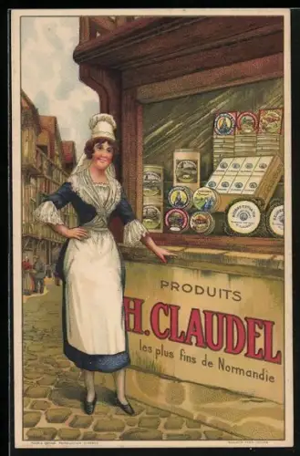 Künstler-AK Reklame H. Claudel, Dame vor dem Laden