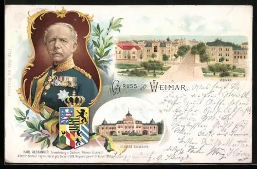 Lithographie Weimar, Karl Alexander von Sachsen-Weimar-Eisenach mit dem Schloss Belvedere