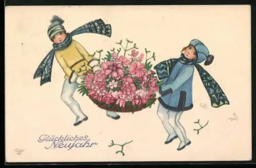 Künstler-AK Mela Köhler: Zwei Kinder in Winterkleidung tragen einen Korb voller Blumen, Neujahr