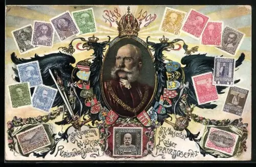 AK 60 Jahre Regierungsjubiläum Kaiser Franz Josef I. von Österreich 1848-1908, versch. Briefmarken, Doppelkopfadler