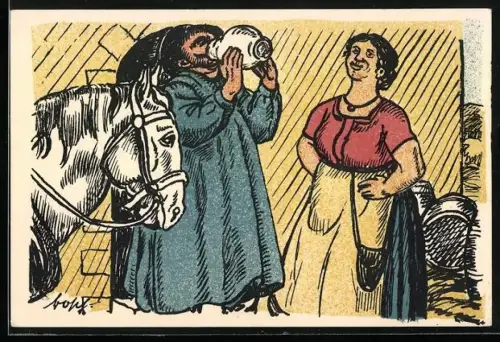 Künstler-AK München-Schwabing, Bauern-Kirta 1925, Verein deutscher Kunststudierender, Kutscher leert einen Krug