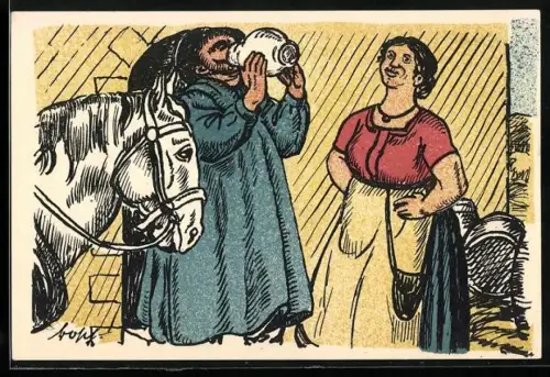 Künstler-AK München-Schwabing, Bauern-Kirta 1925, Verein deutscher Kunststudierender, Kutscher leert einen Krug