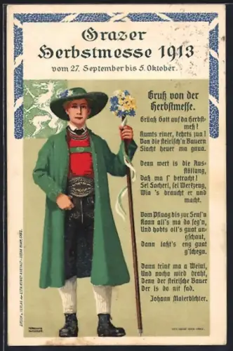 Künstler-AK Graz, Grazer Herbstmesse 1913, Mann in Tracht mit Wanderstock