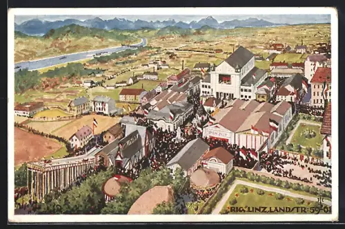 AK Linz, Allgemeine Austtellung 1924, Blick über das Ausstellungsgelände mit Bierzelt