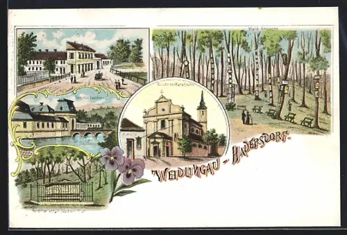 Lithographie Weidlingau-Hadersdorf, Kirche in Mariabrunn, Schloss Laudon, Grab