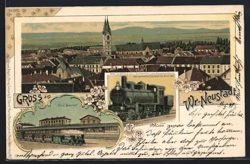 Lithographie Wiener Neustadt, Süd-Bahnhof, k.k. priv. Locomotiv- und Maschinenfabrik, Lokomotive