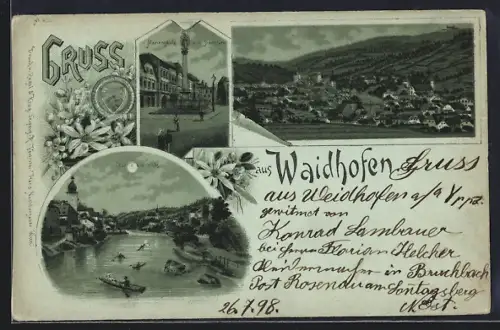 Mondschein-Lithographie Waidhofen, Mariensäule am ob. Stadtplatz, Partie a. d. Ybbs, Ortsansicht